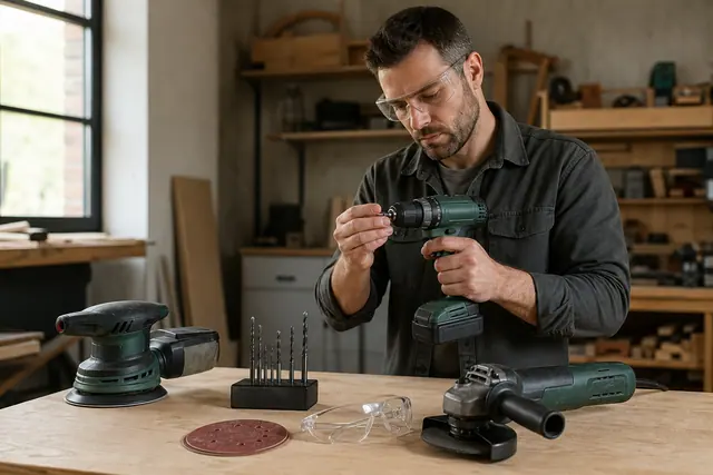 Trois outils électroportatifs compacts rangés sur un établi d’atelier lumineux