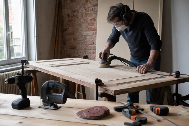 Trois outils de bricolage rangés près d’une porte en bois en cours de ponçage.