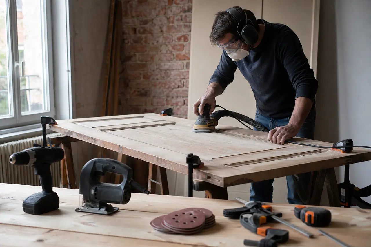 Trois outils de bricolage rangés près d’une porte en bois en cours de ponçage.