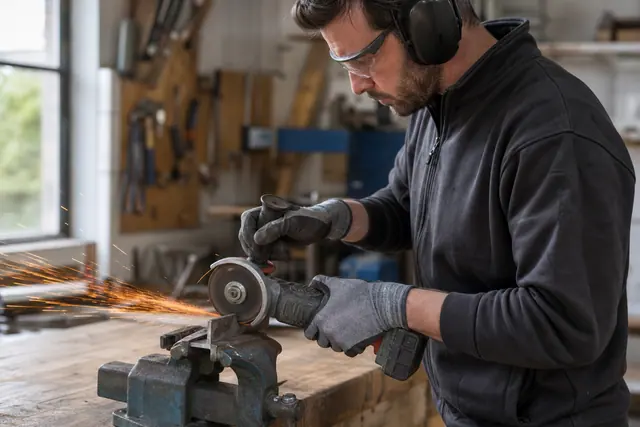 Bricoleur équipé coupant une cornière métallique avec meuleuse sans fil sécurisée.