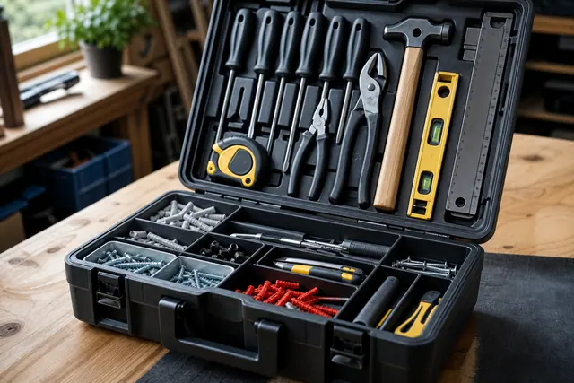 Boîte ouverte avec outils manuels, vis et mètre sur établi en bois