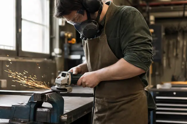 Bricoleur équipé coupant un fer plat serré dans un étau avec une meuleuse.