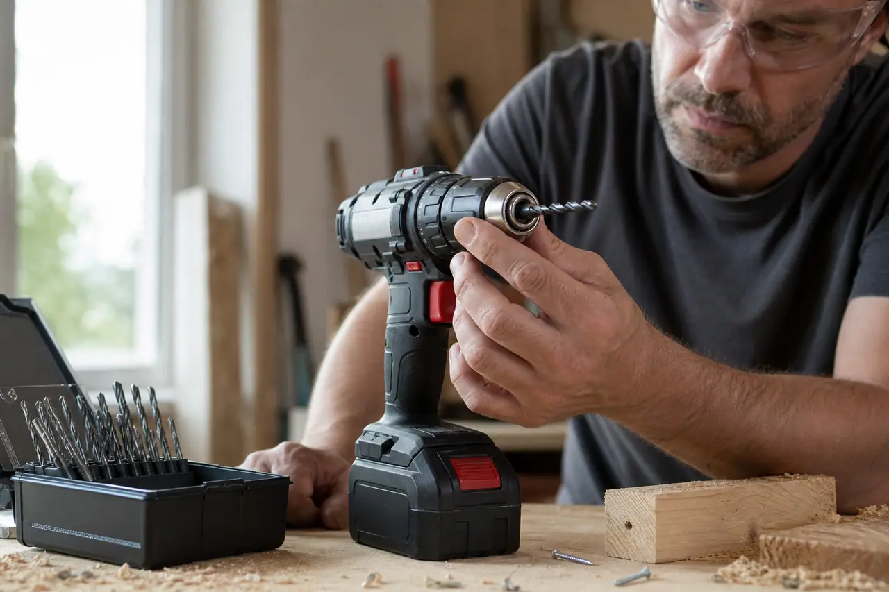 Bricoleur contrôlant le mandrin d’une perceuse-visseuse sans fil sur établi