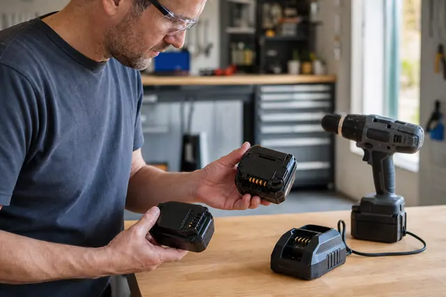 Bricoleur comparant deux batteries 20 V et un chargeur sur établi.