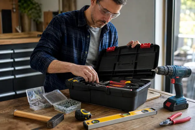 Caisse à outils ouverte avec perceuse et outils manuels sur établi en bois.