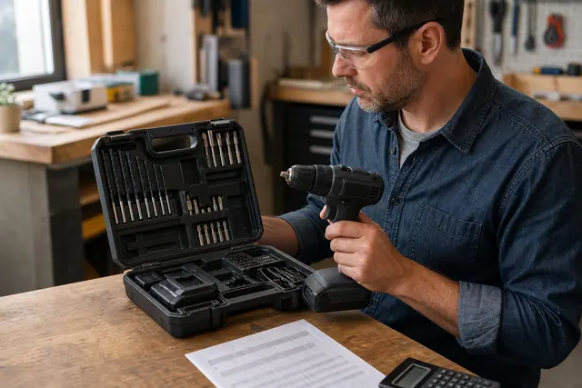 Bricoleur comparant deux coffrets d’outillage avec batteries et chargeur sur établi.