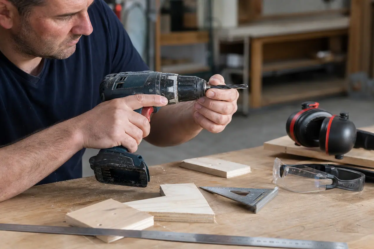 Bricoleur contrôlant le mandrin d’une perceuse sans fil sur un établi.