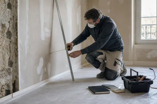 Particulier mesurant un mur avant rénovation dans une chambre protégée.