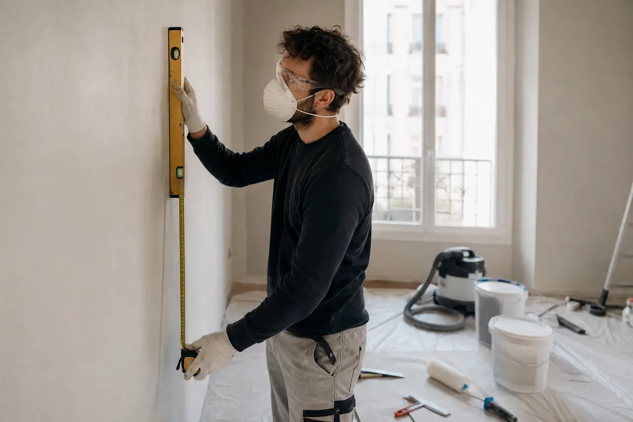 Bricoleur protégé mesurant un mur préparé dans une pièce en rénovation.