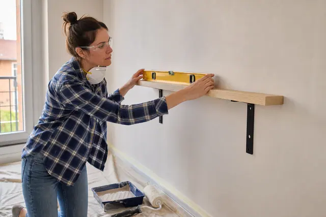 Bricoleuse vérifiant une étagère de niveau sur un mur fraîchement peint.