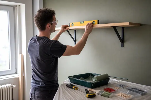 Bricoleur vérifiant au niveau une étagère sur un mur fraîchement peint.