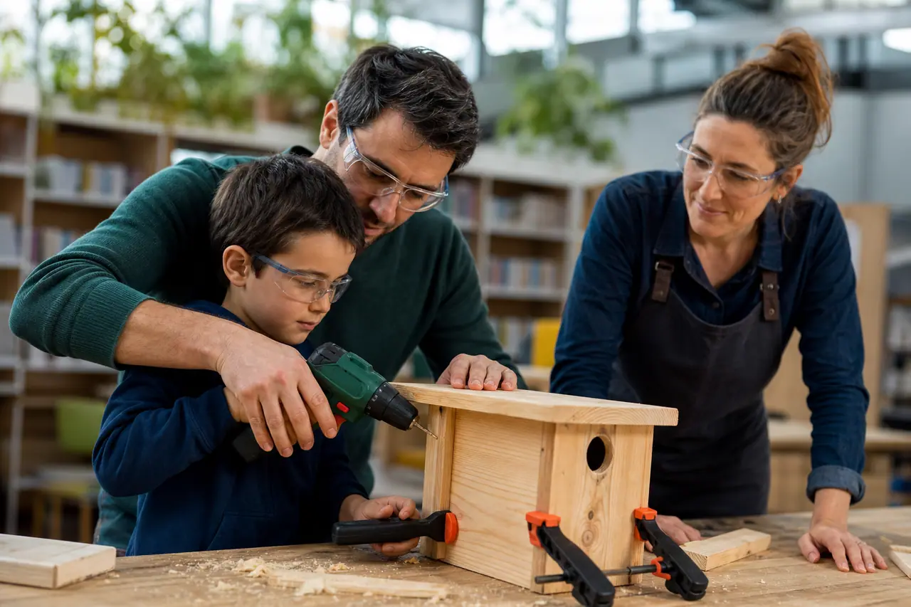 Parent et enfant assemblant un nichoir en bois dans un atelier encadré.