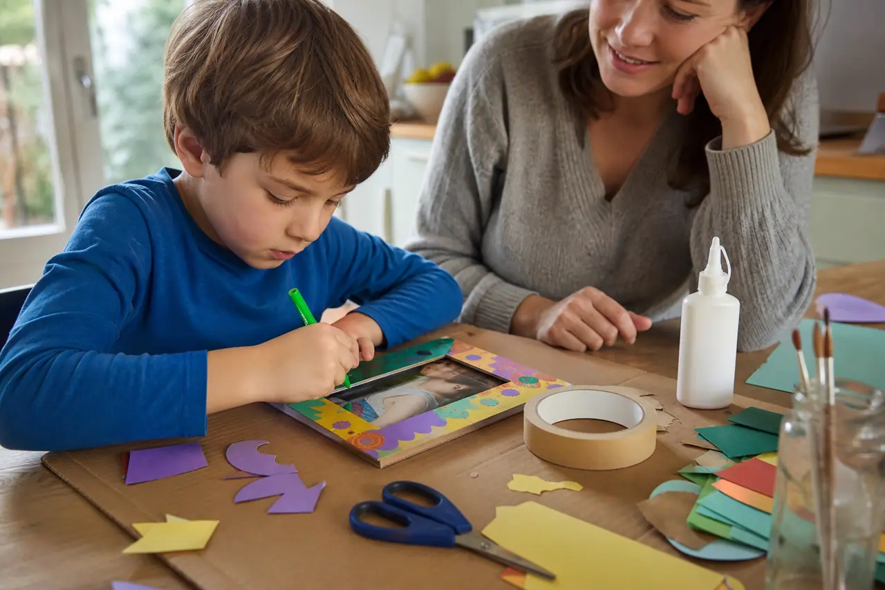 Enfant décorant un cadre en carton avec un adulte à ses côtés