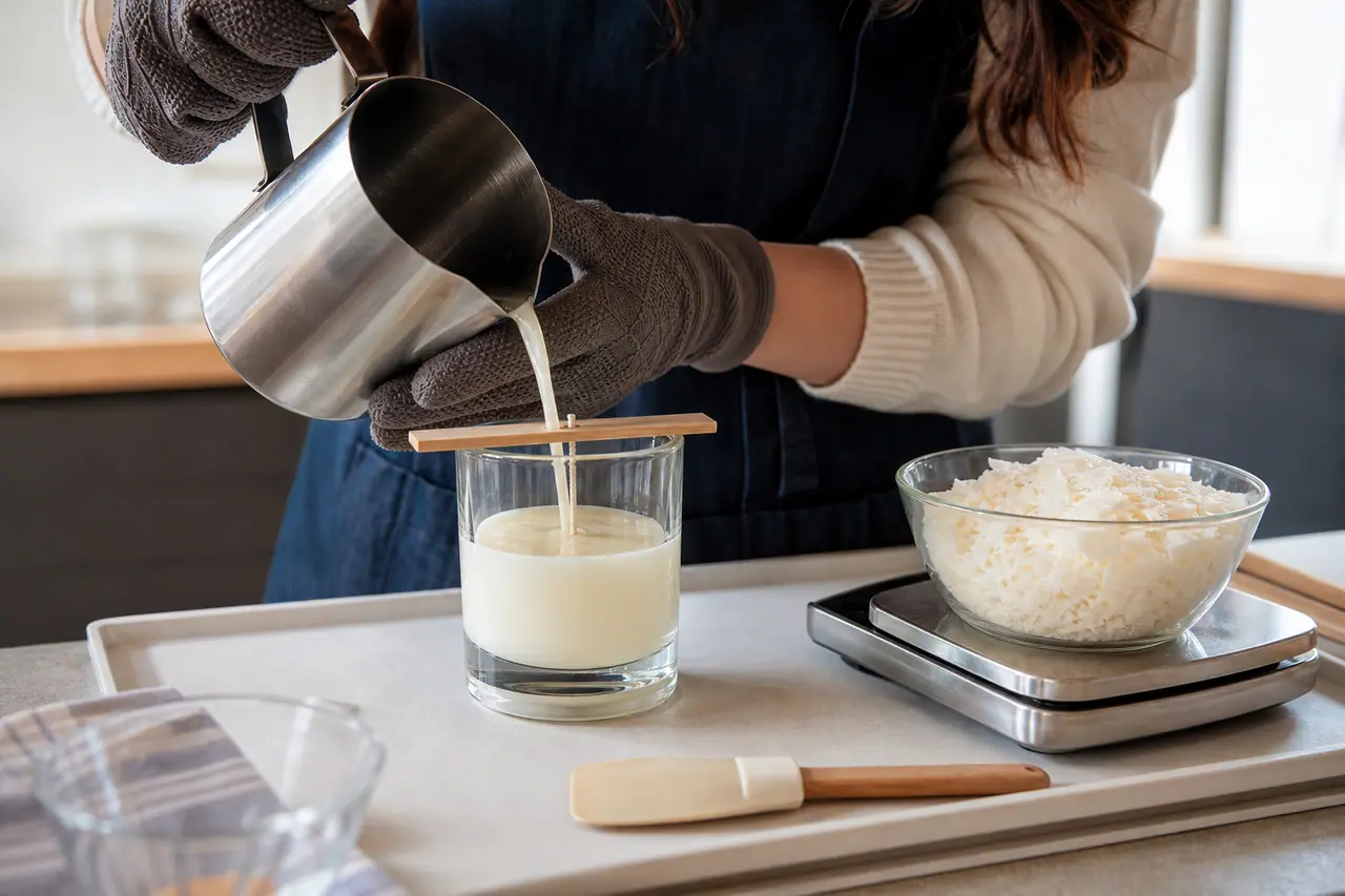 Cire végétale versée dans un pot en verre avec mèche centrée