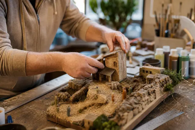 Fabrication d’une crèche artisanale en bois et liège sur un plateau