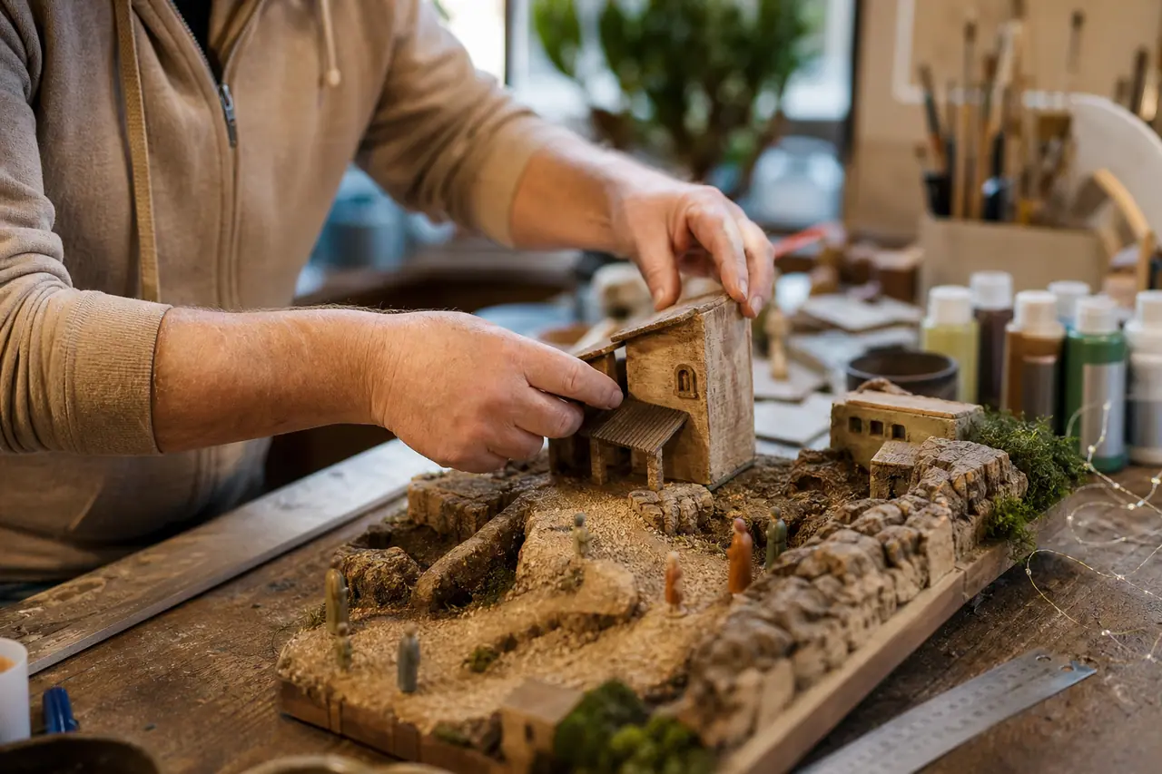 Fabrication d’une crèche artisanale en bois et liège sur un plateau