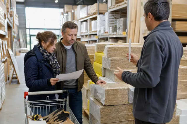 Clients comparant des matériaux isolants dans une allée de magasin de bricolage.