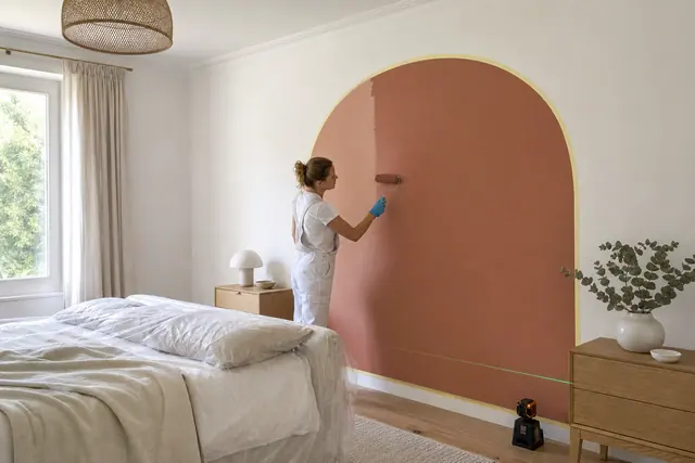 Arche terracotta peinte derrière un lit avec ruban de masquage net.