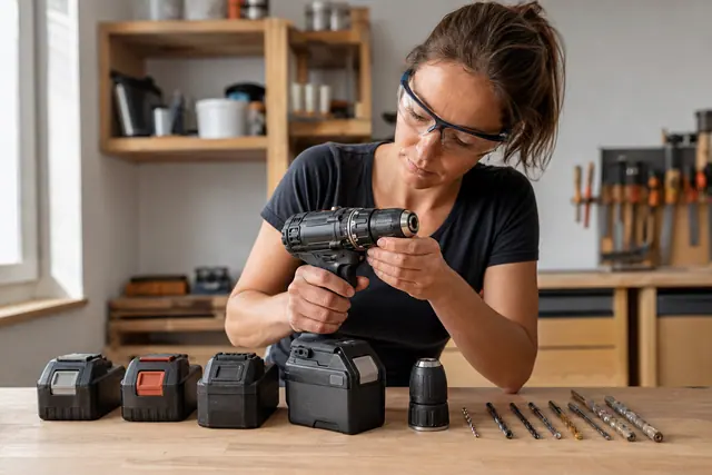 Perceuse-visseuse sans fil et batteries sur établi avec forets de perçage.