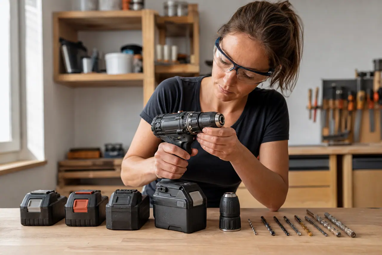 Perceuse-visseuse sans fil et batteries sur établi avec forets de perçage.