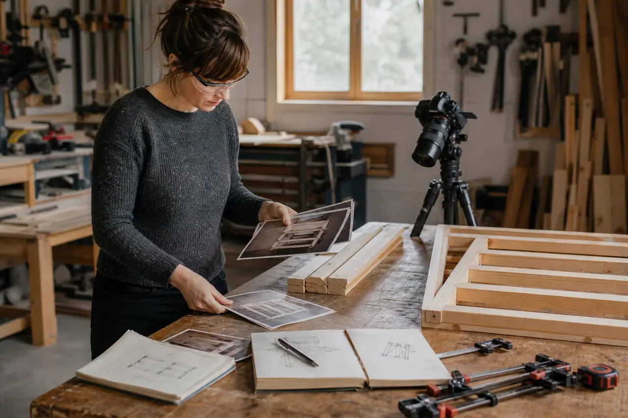 Bricoleuse documentant une étagère en bois avec appareil photo et croquis personnels.