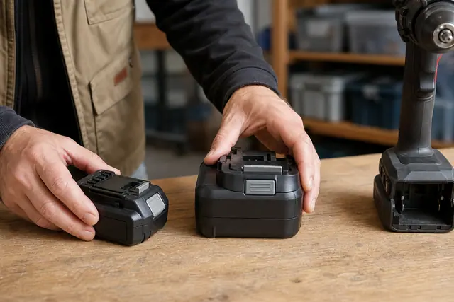Bricoleur comparant deux batteries lithium-ion près d’une perceuse-visseuse sur établi.