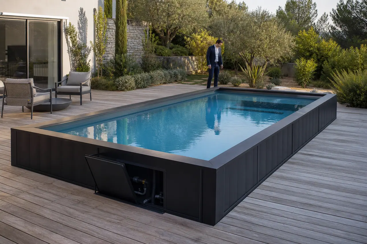 Piscine container noire installée sur dalle avec terrasse bois dans un jardin