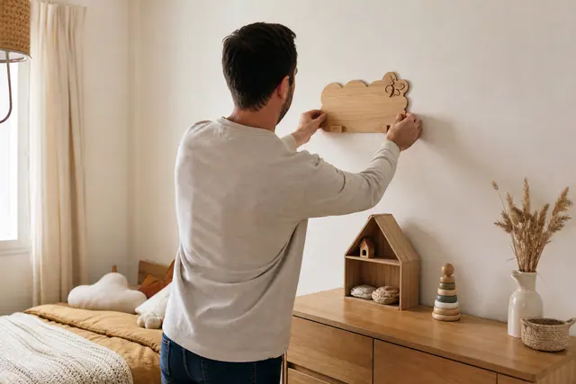 Plaque prénom en bois clair posée sur un mur de chambre enfantine.