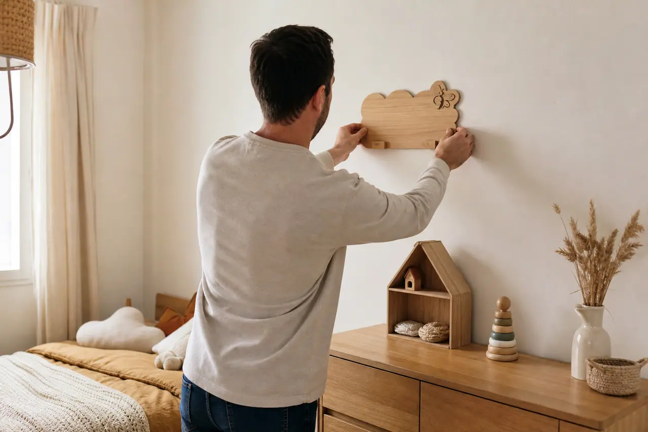 Plaque prénom en bois clair posée sur un mur de chambre enfantine.