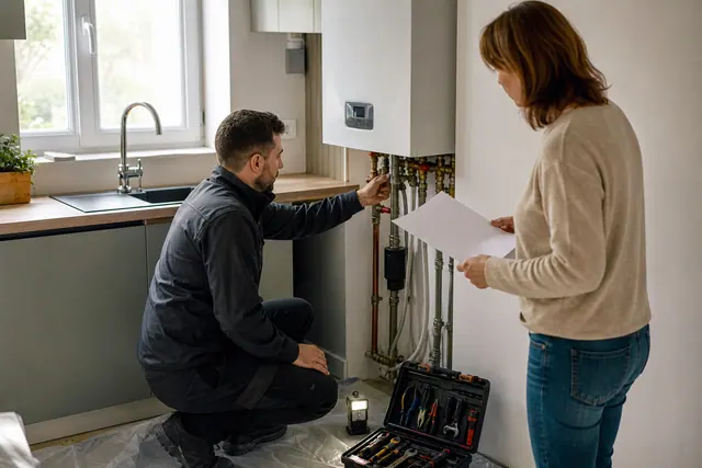 Plombier-chauffagiste contrôlant les raccordements d’un chauffe-eau dans un appartement lumineux.
