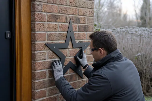 Décoration étoile en métal fixée sur un mur de brique extérieur.
