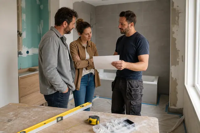 Particuliers discutant d’un projet de rénovation avec un artisan dans une salle de bains.