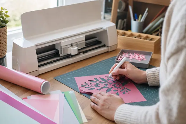 Personne échenillant un motif vinyle devant une machine de découpe créative.