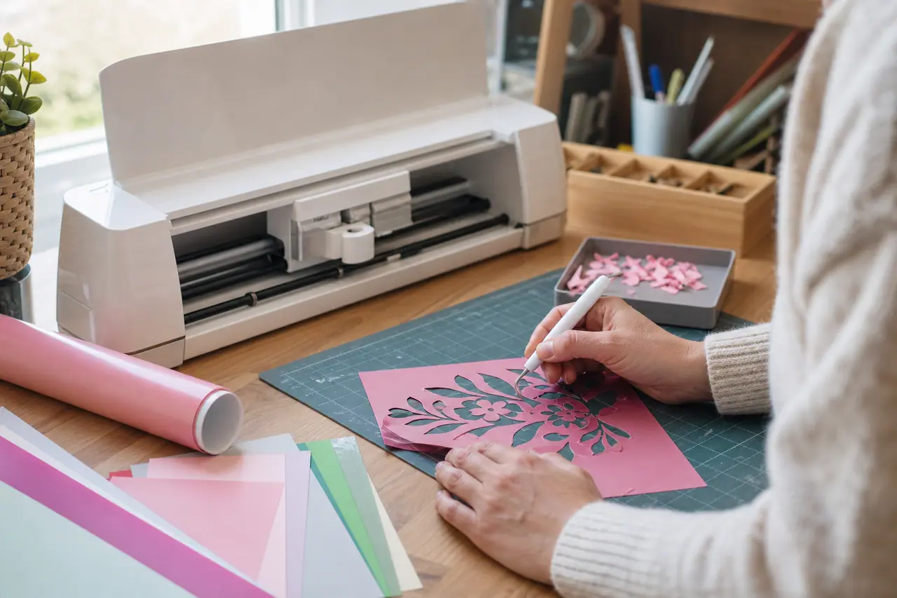Personne échenillant un motif vinyle devant une machine de découpe créative.