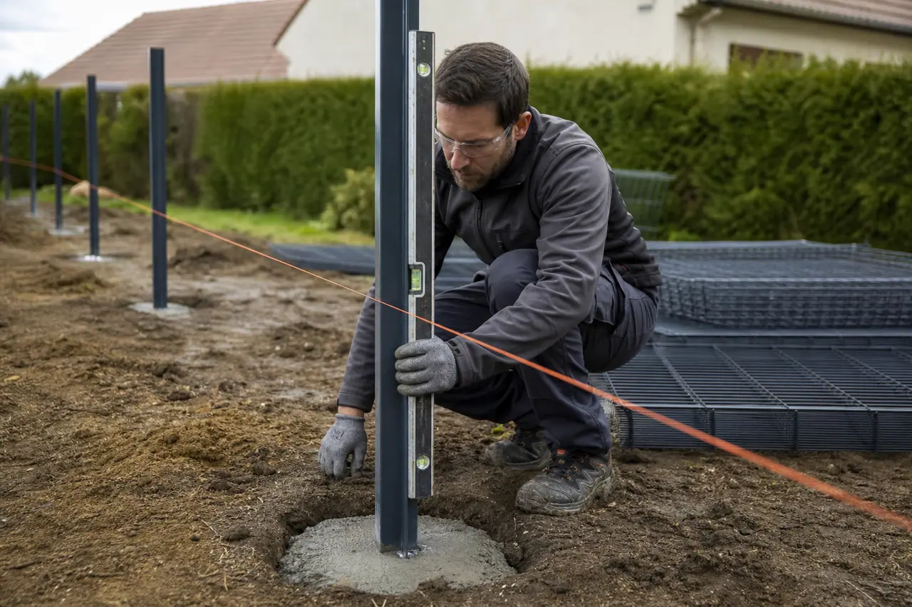 Pose d’un poteau de clôture aligné au cordeau dans un jardin