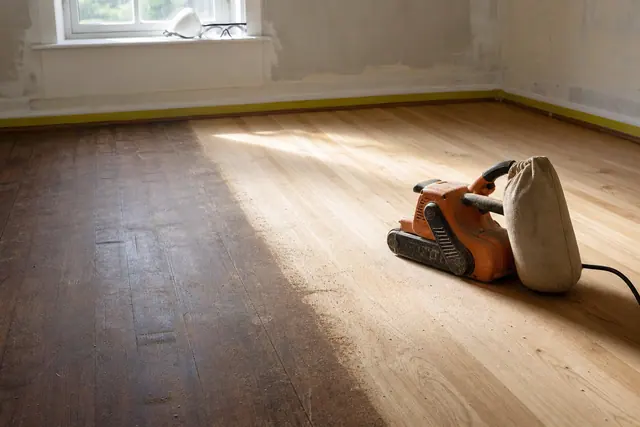 Ponceuse à bande utilisée sur un parquet en bois massif en cours de rénovation