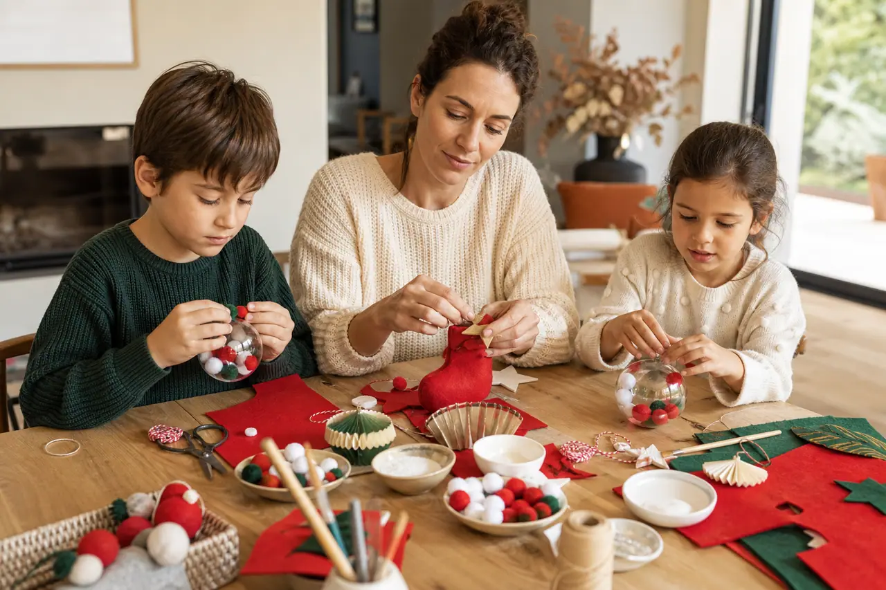 Enfants et adulte fabriquent boules, bottes en feutrine et étoiles de Noël.