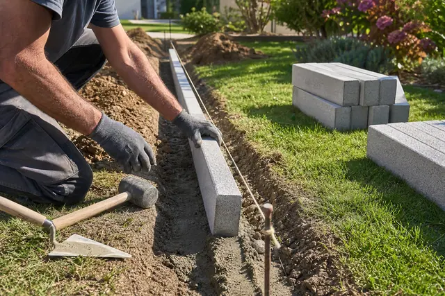Bordures de jardin en béton alignées le long d'une allée avec semelle fraîche visible