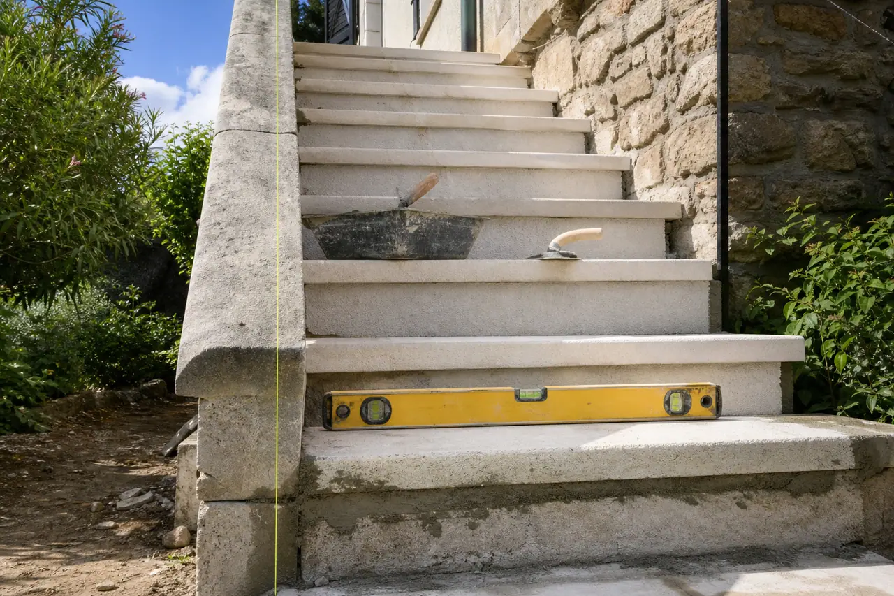 Marches d'escalier extérieur en pierre reconstituée fraîchement scellées avec niveau à bulle