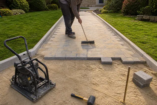 Allée de jardin en pavés autobloquants gris fraîchement posés avec bordure en béton