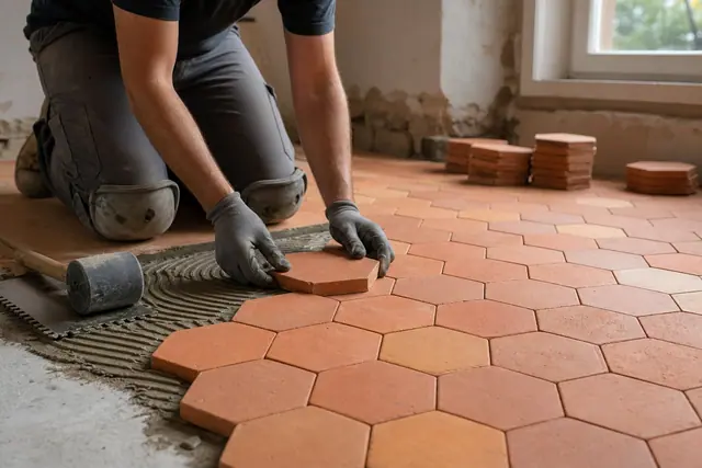 Poseur ajustant une tomette hexagonale sur une chape propre encollée.