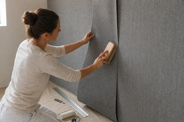 Pose précise d’un revêtement textile gris sur le mur d’une chambre.