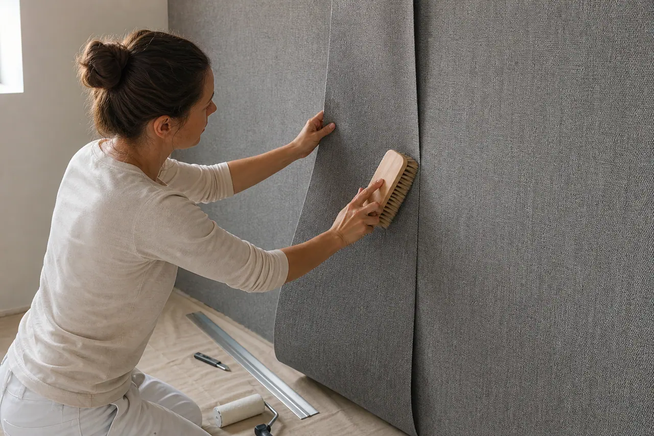 Pose précise d’un revêtement textile gris sur le mur d’une chambre.