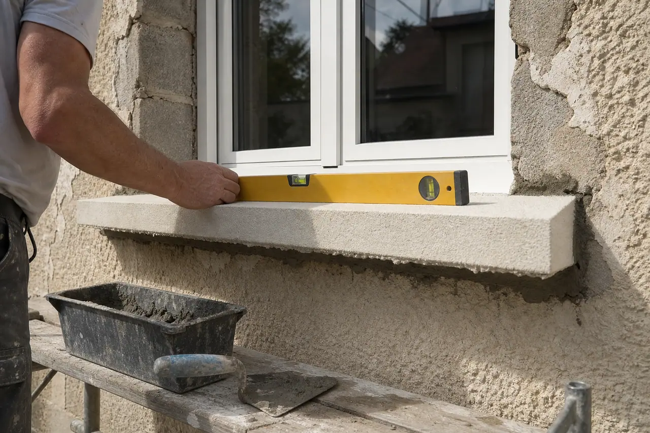 Appui de fenêtre en pierre reconstituée fraîchement scellé sur une façade en rénovation