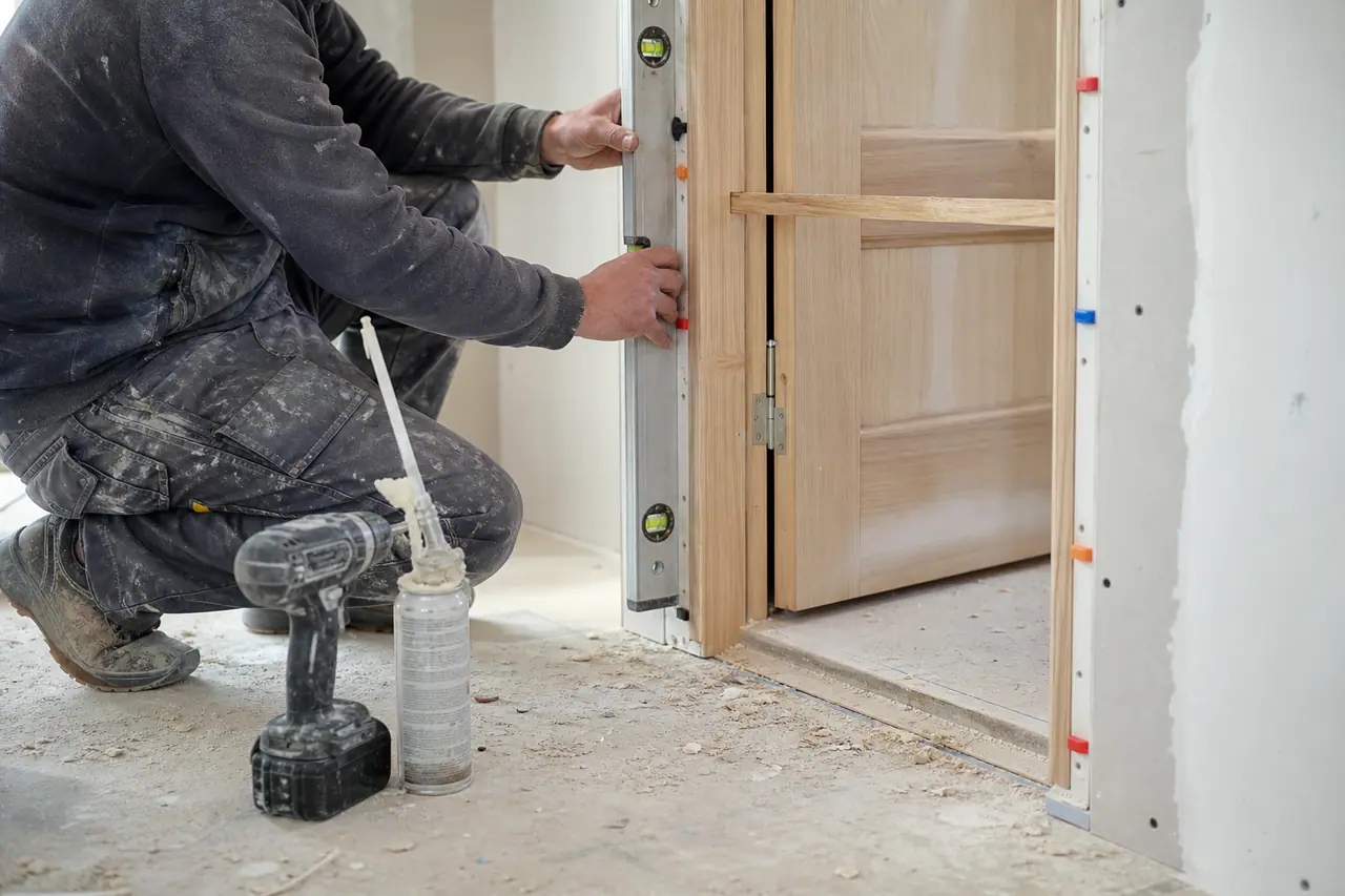 Menuisier réglant l’aplomb du bâti d’un bloc-porte intérieur au niveau à bulle
