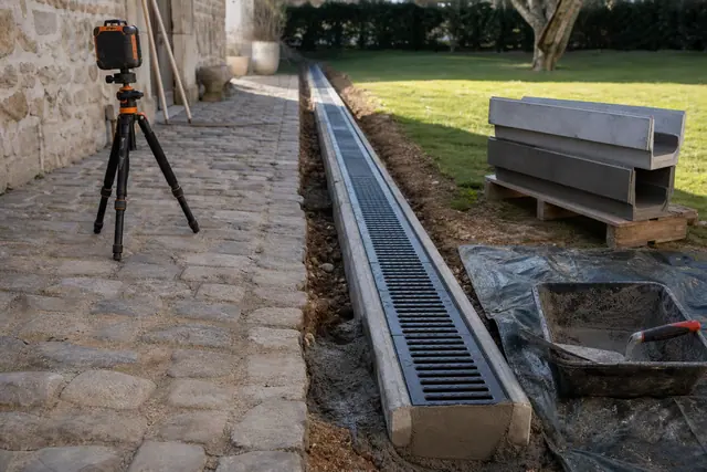 Caniveau de drainage en béton fraîchement posé avec grille métallique le long d'une allée