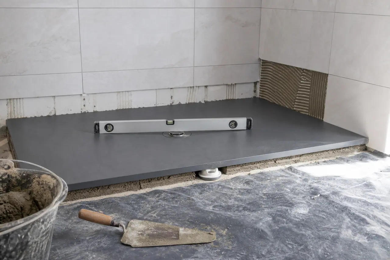 Receveur de douche extra-plat gris posé au sol d'une salle de bains en rénovation