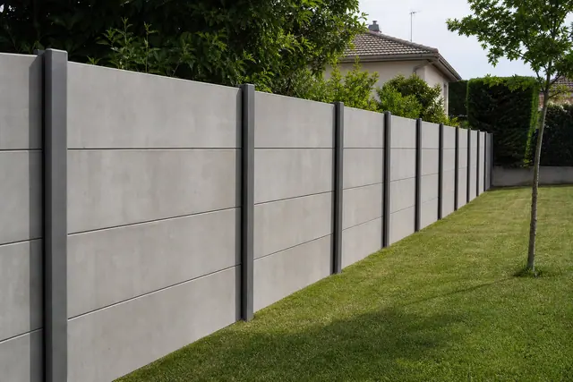 Clôture en plaques de béton grises glissées entre des poteaux rainurés