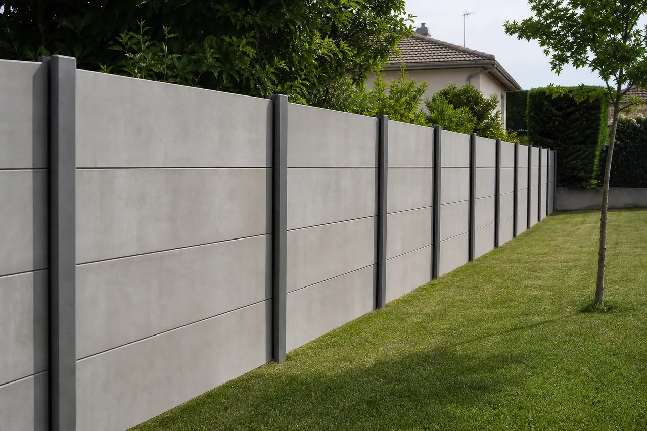 Clôture en plaques de béton grises glissées entre des poteaux rainurés