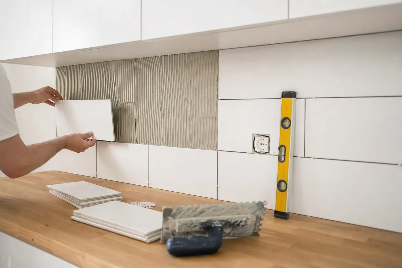 Crédence de cuisine en carrelage blanc en cours de pose derrière un plan de travail